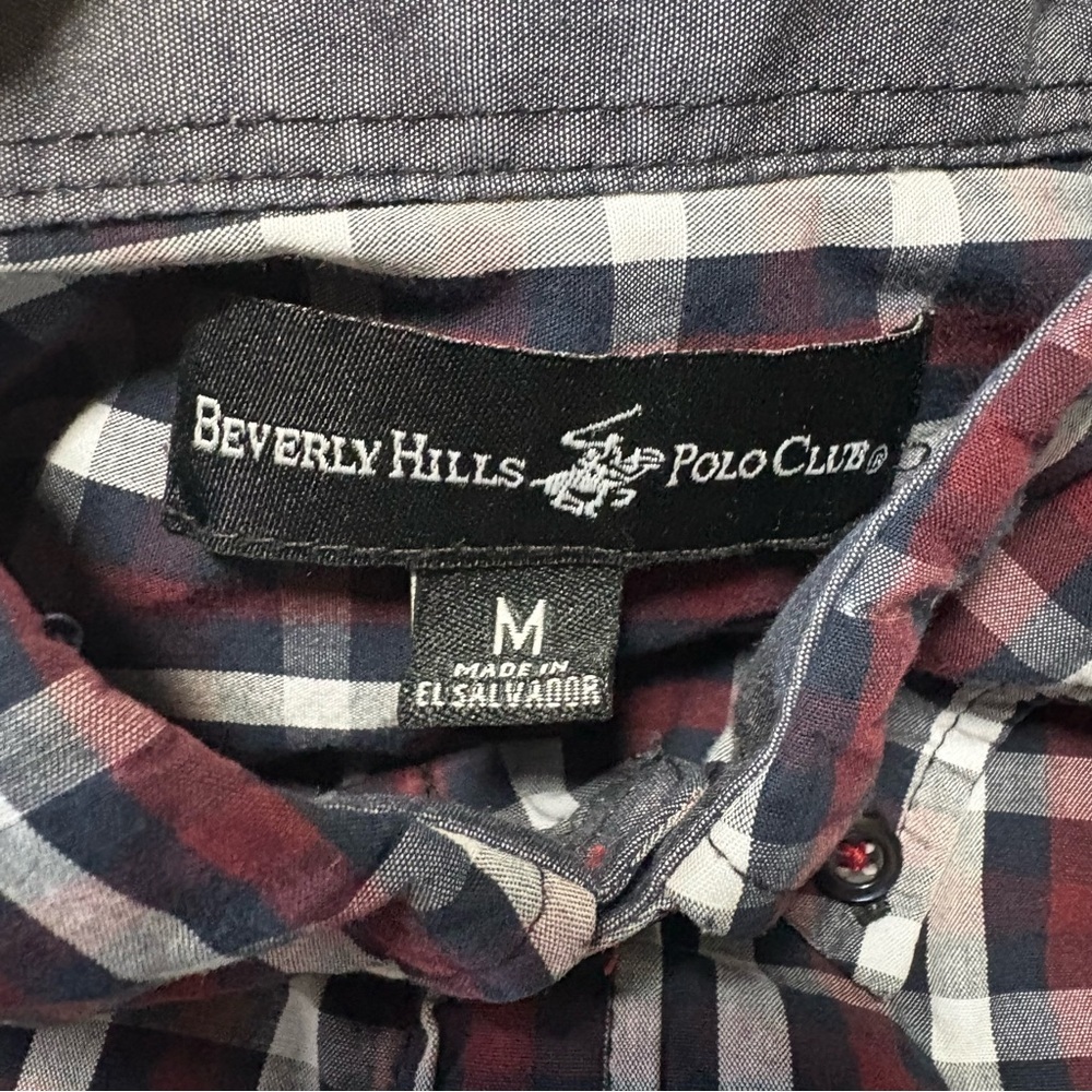 Beverly Hills Polo Club Men's Checkered Shirt - Maroon and White - Picture 3 of 3